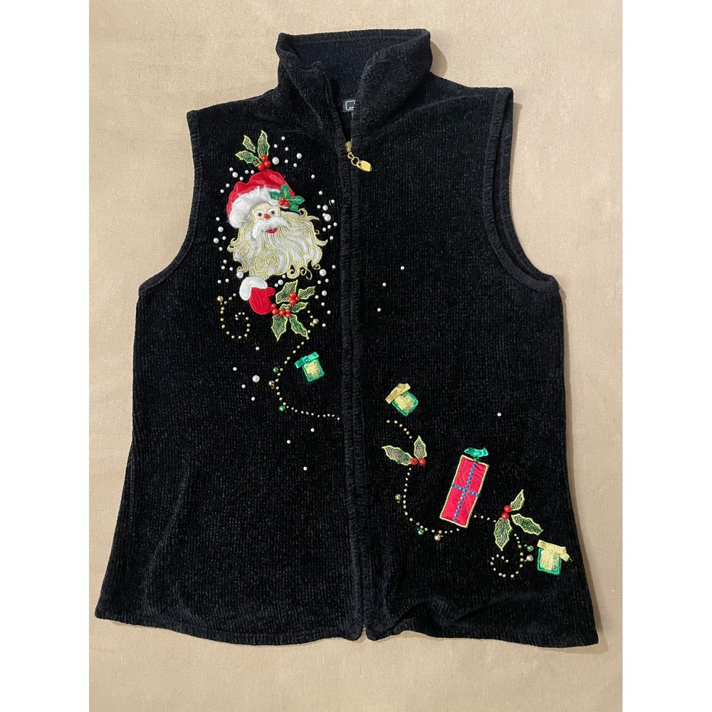 Vintage Y2K Lisa International Christmas Sweater Vest XL Black Full Zip Chenille